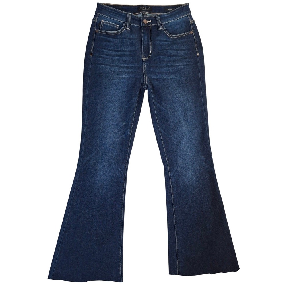 Judy Blue High Rise Flare Jeans Women's 5/27 Dark Wash Raw Hem Stretch